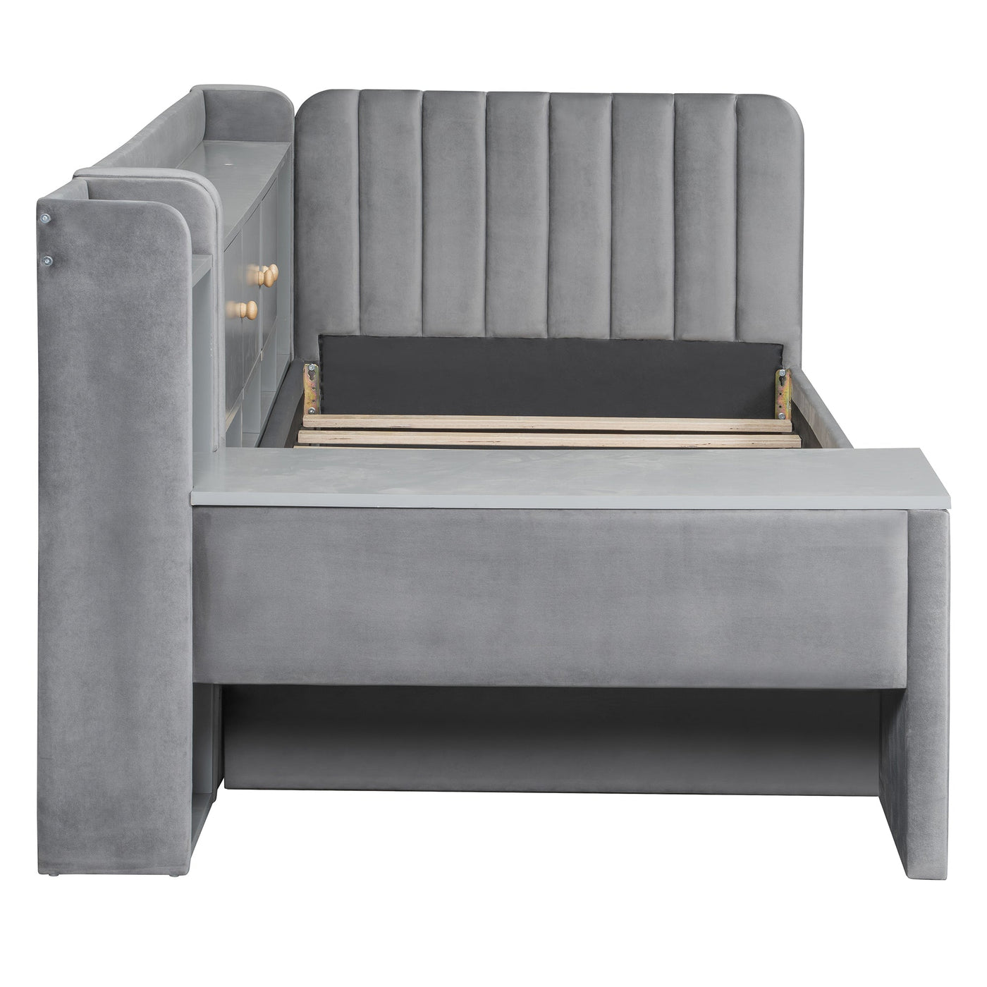 Twin Size Upholstered Daybed with Drawers, Shelves, Flip Cabinets & Side Table (Gray)