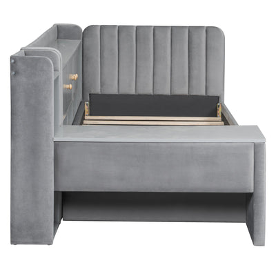 Twin Size Upholstered Daybed with Drawers, Shelves, Flip Cabinets & Side Table (Gray)