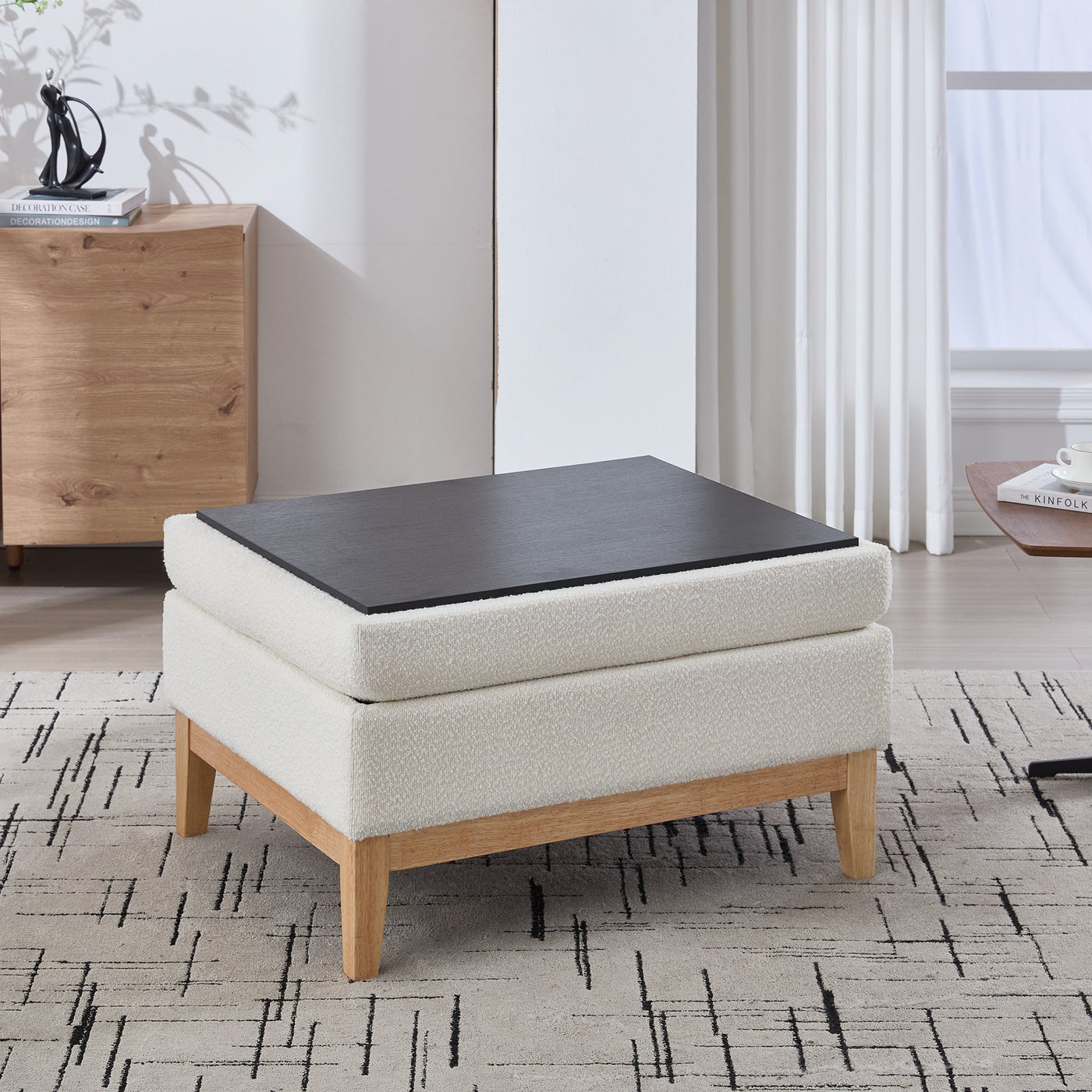 33.86'W Upholstered Wood Base Storage Ottoman with Reversible Lid Coffee Table, Foot Stool Square Footrest with Rubberwood Legs for Living Room Bedroom Entryway and Office, Ivory Boucle.
