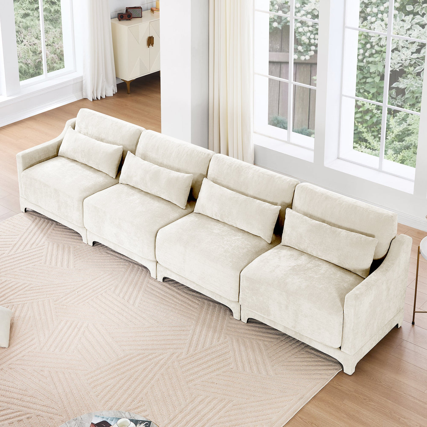 Elegant Four-Seater Chenille Sofa with Lumbar Pillow, Ergonomic Design, Solid Wood Frame, Beige