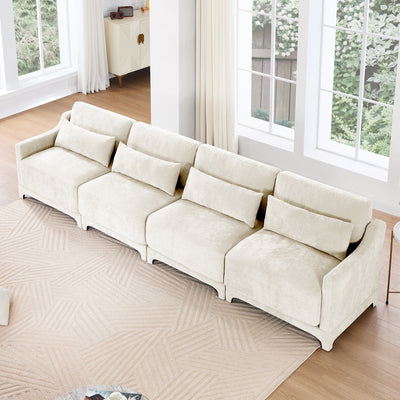 Elegant Four-Seater Chenille Sofa with Lumbar Pillow, Ergonomic Design, Solid Wood Frame, Beige