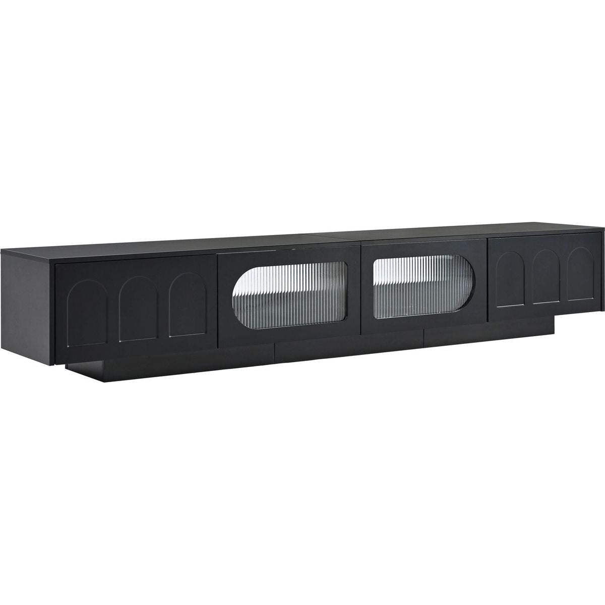 TV Stand with Fluted tempered Glass Doors for TVs Up to 95", Functional Media Console with Arched Cabinet Doors, Entertainment Center with APP-Controlled LED Light for Living Room, Black