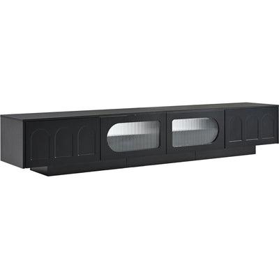 TV Stand with Fluted tempered Glass Doors for TVs Up to 95", Functional Media Console with Arched Cabinet Doors, Entertainment Center with APP-Controlled LED Light for Living Room, Black