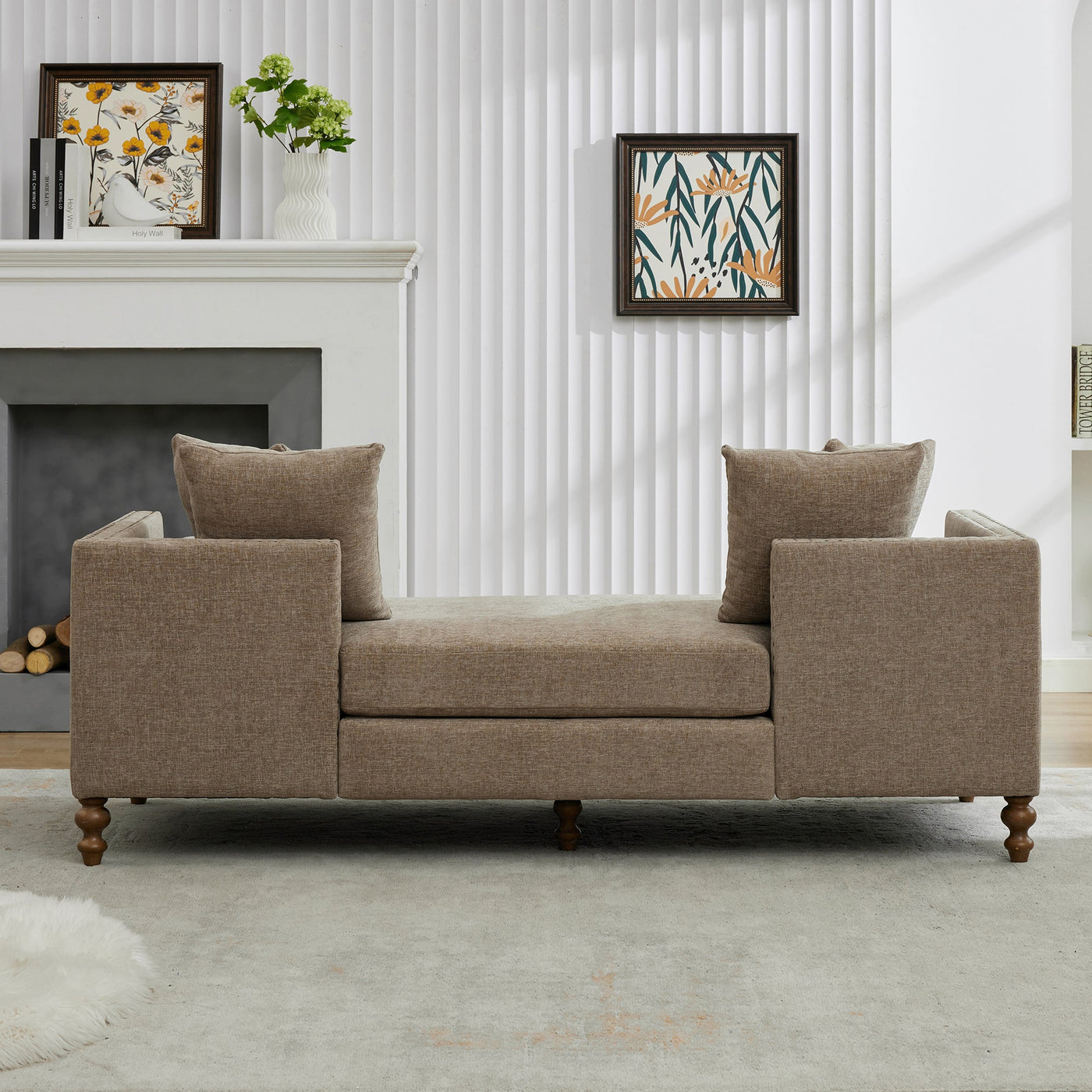 Upholstered Chaise Lounge Indoor with Nailheads, Sleeper Sofa Couch with 4 Throw Pillows & 2 Bolsters, Daybed with Rubberwood Legs, Taupe Chenille,75.2'' Wide