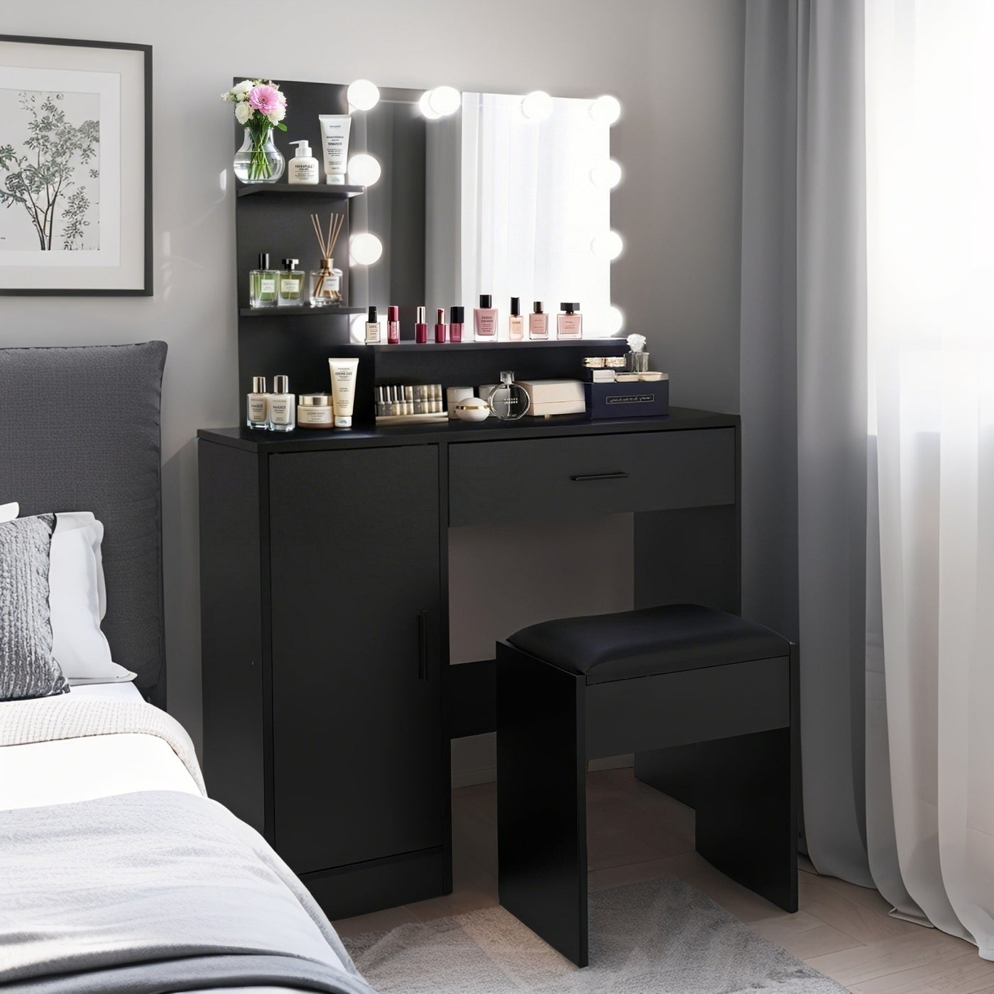 Vanity Desk with Mirror and Lights, Makeup Vanity with Drawer & Storage Cabinet, 3 Adjustable Lighting Colors, Makeup Desk with Open Shelves for Bedroom, Dressing Room, Black