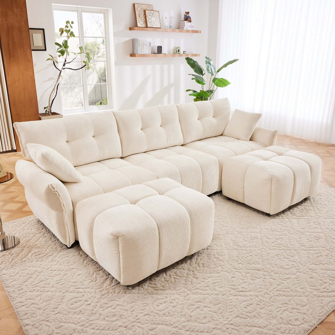 Elegant Textured Chenille 3 Seater Sofa Set with Ottoman and Throw Pillows in Sturdy Solid Wood Frame, White