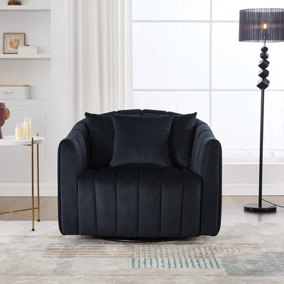 40.35'W Upholstered Oversized 360° Swivel Accent Barrel Chair and Half Cozy Sofa with 3 Pillows, Velvet Channel Tufted Pumpkin-Shape Club Armchair for Living Room, Bedroom, Office, Lounge, Black
