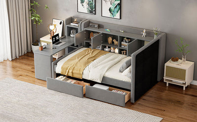 Twin Size Upholstered Daybed with Drawers, Shelves, Flip Cabinets & Side Table (Gray)
