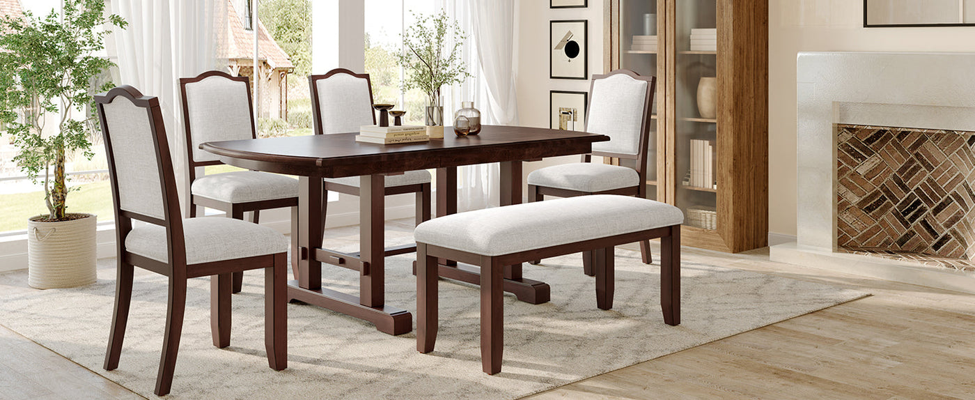 6-Piece Extendable Dining Table Set, 60–78 in. Wood Table with Removable Leaf, 4 Upholstered Chairs and Bench, Cherry Finish