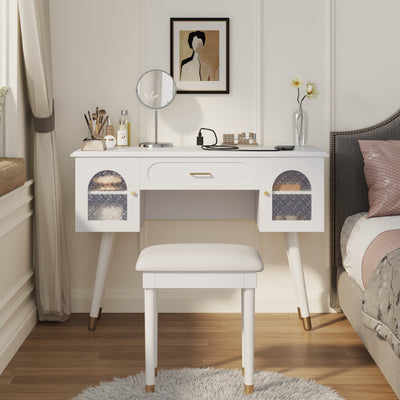 Elegant Vanity Makeup Table & Chair Set, Modern Dressing Table with Organizer, Writing Desk, Charging Port, White, Engineered Wood