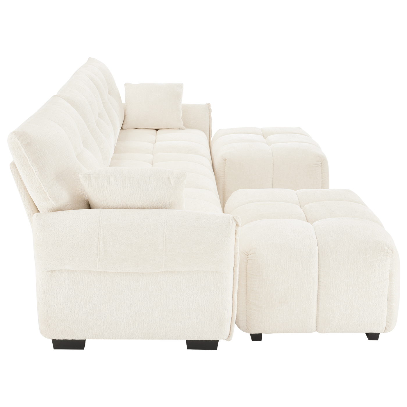 Elegant Textured Chenille 3 Seater Sofa Set with Ottoman and Throw Pillows in Sturdy Solid Wood Frame, White