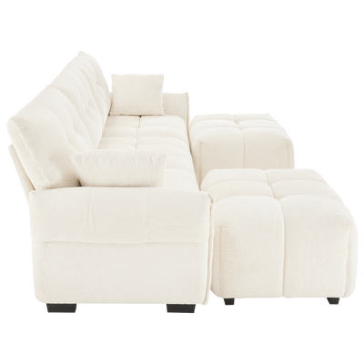 Elegant Textured Chenille 3 Seater Sofa Set with Ottoman and Throw Pillows in Sturdy Solid Wood Frame, White