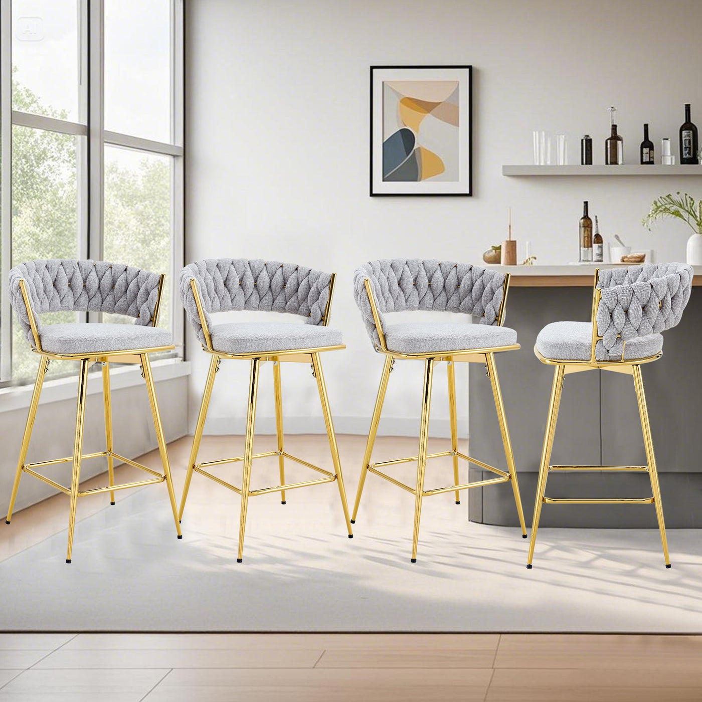 A set of 4 rotating bar stools, equipped with breathable linen cushions - beige seats with golden metal legs, suitable for the height of the kitchen island, dining table or bar counter