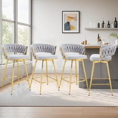 A set of 4 rotating bar stools, equipped with breathable linen cushions - beige seats with golden metal legs, suitable for the height of the kitchen island, dining table or bar counter