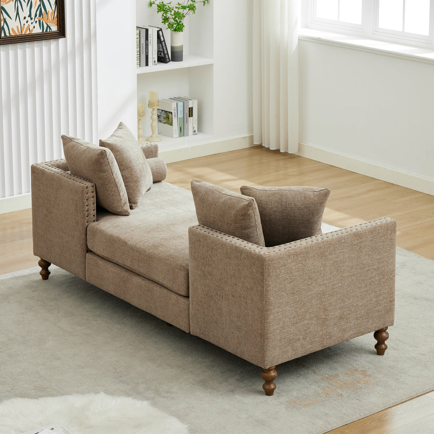 Upholstered Chaise Lounge Indoor with Nailheads, Sleeper Sofa Couch with 4 Throw Pillows & 2 Bolsters, Daybed with Rubberwood Legs, Taupe Chenille,75.2'' Wide