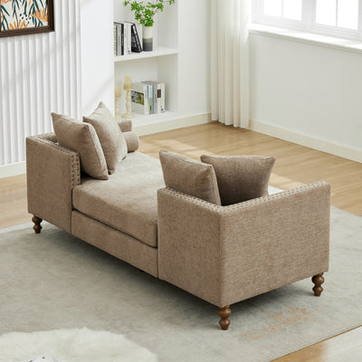 Upholstered Chaise Lounge Indoor with Nailheads, Sleeper Sofa Couch with 4 Throw Pillows & 2 Bolsters, Daybed with Rubberwood Legs, Taupe Chenille,75.2'' Wide