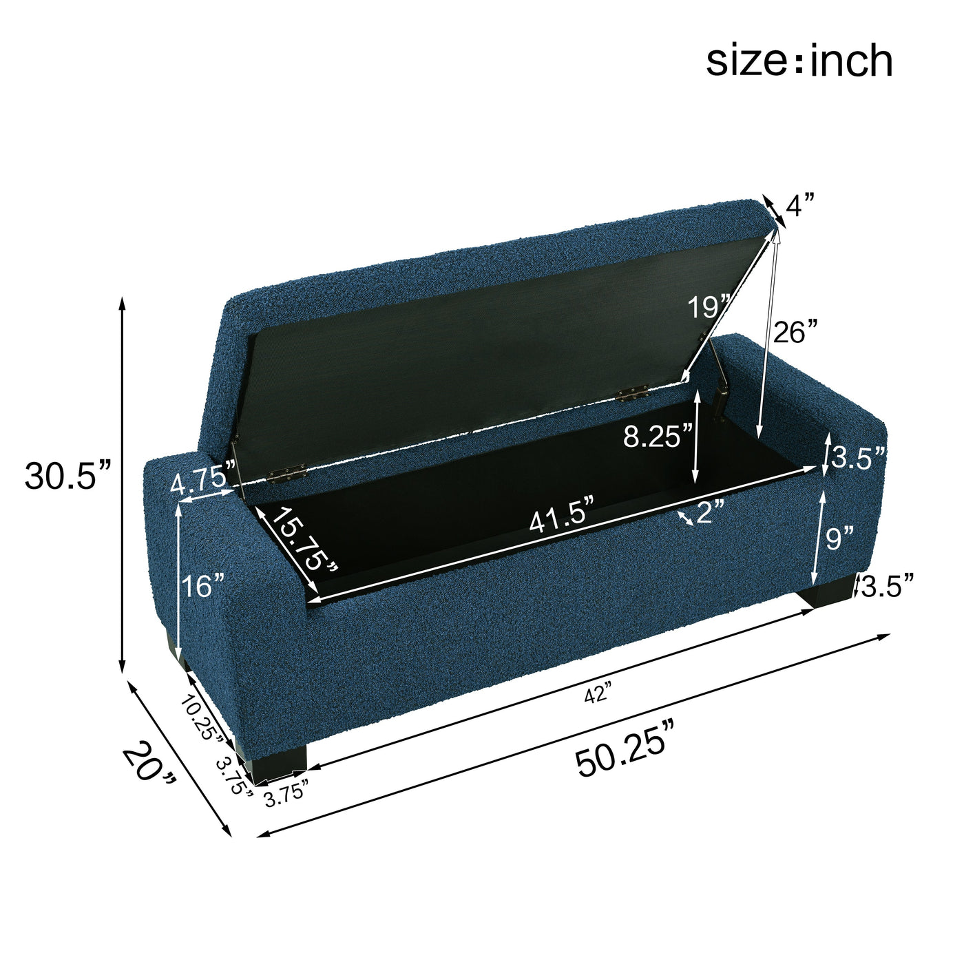 50' Ottoman Bench in Textured Fabric, Rectangular Design with Hinged Lid for Seating, Footrest, and Hidden Storage, Perfect for Living Room, Bedroom, or Entryway