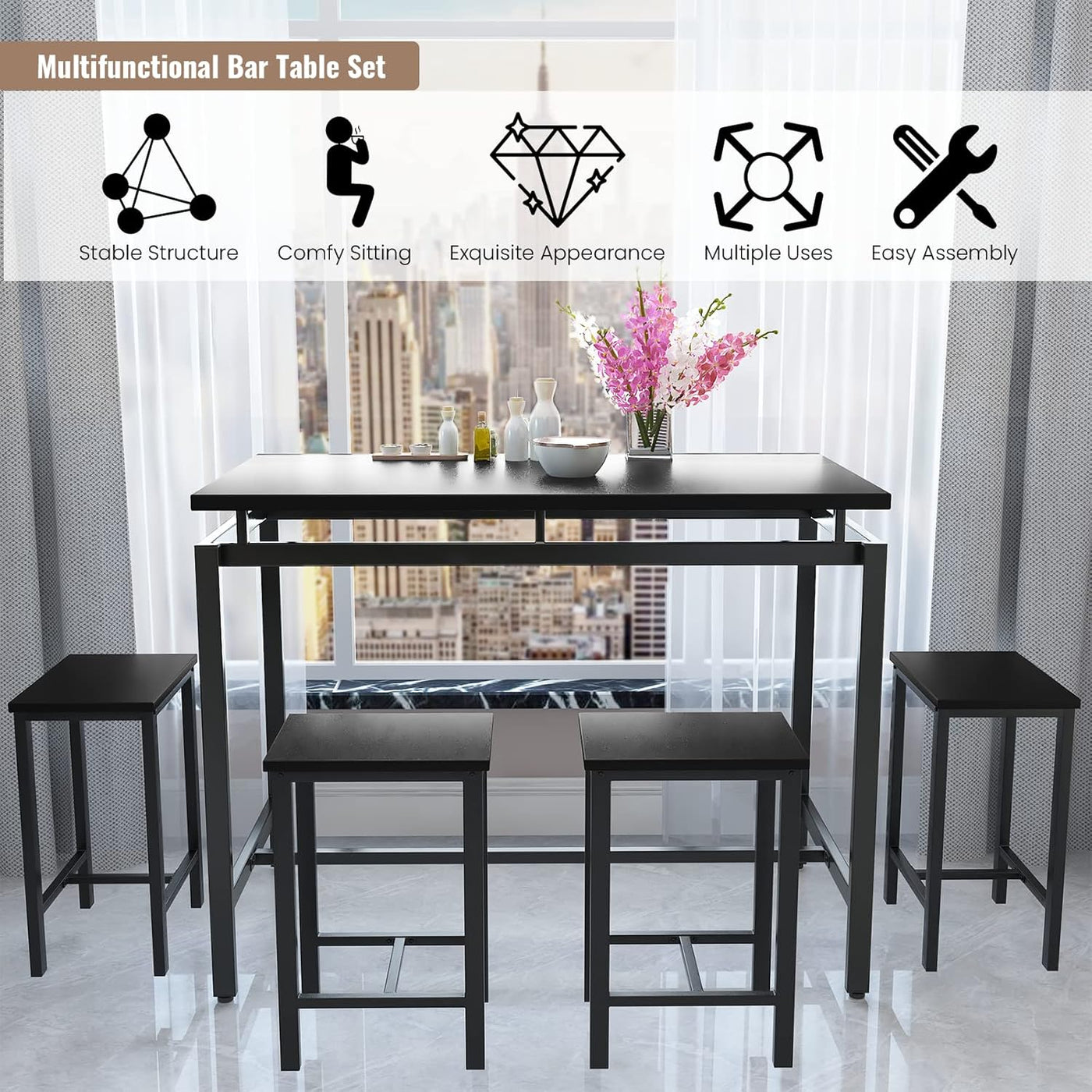 5 Pieces Dining Table Set for 4,Black Bar Table Set with 4 Bar Stools Counter Height Bar Table and Chairs Set. Pub Table Set Breakfast Table for Kitchen, Small Space
