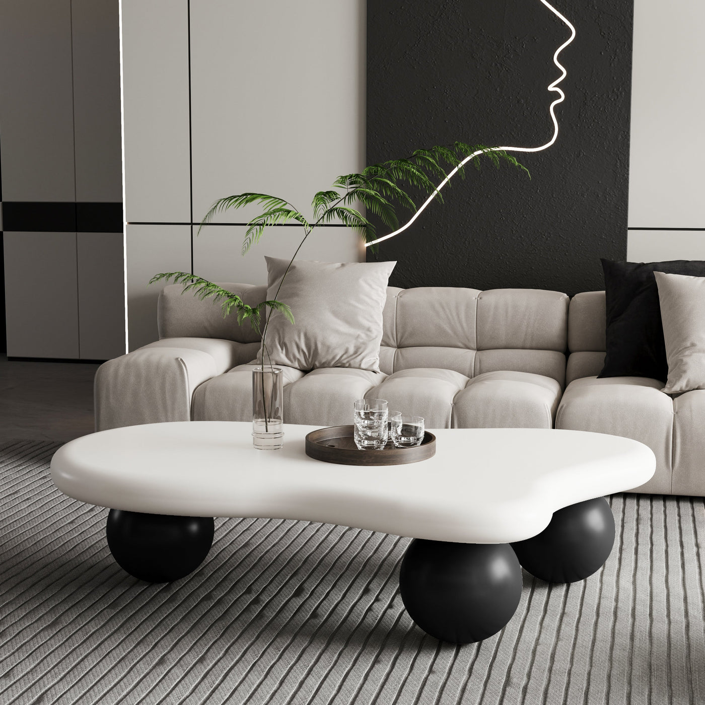 47 Inch Cloud Shaped Coffee Table with 3 Ball Legs for Living Room, White Top Black Legs