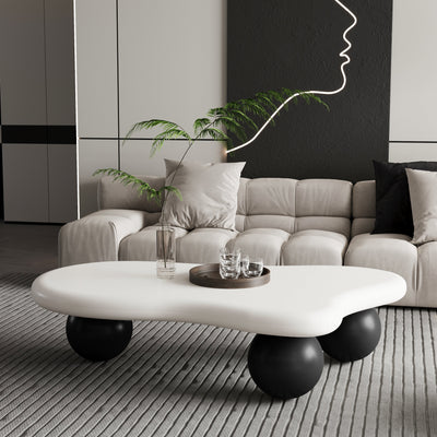 47 Inch Cloud Shaped Coffee Table with 3 Ball Legs for Living Room, White Top Black Legs