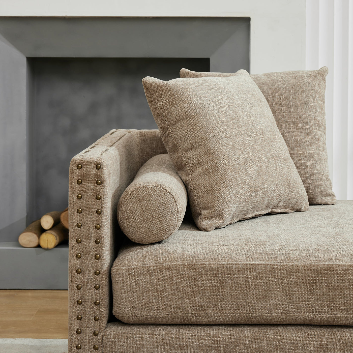 Upholstered Chaise Lounge Indoor with Nailheads, Sleeper Sofa Couch with 4 Throw Pillows & 2 Bolsters, Daybed with Rubberwood Legs, Taupe Chenille,75.2'' Wide