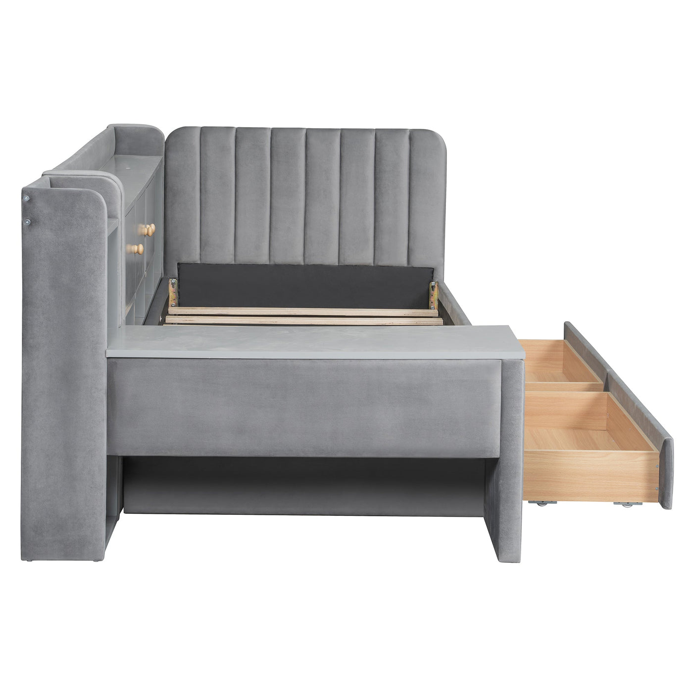 Twin Size Upholstered Daybed with Drawers, Shelves, Flip Cabinets & Side Table (Gray)