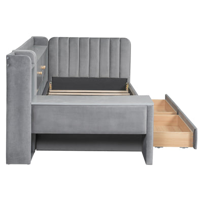 Twin Size Upholstered Daybed with Drawers, Shelves, Flip Cabinets & Side Table (Gray)