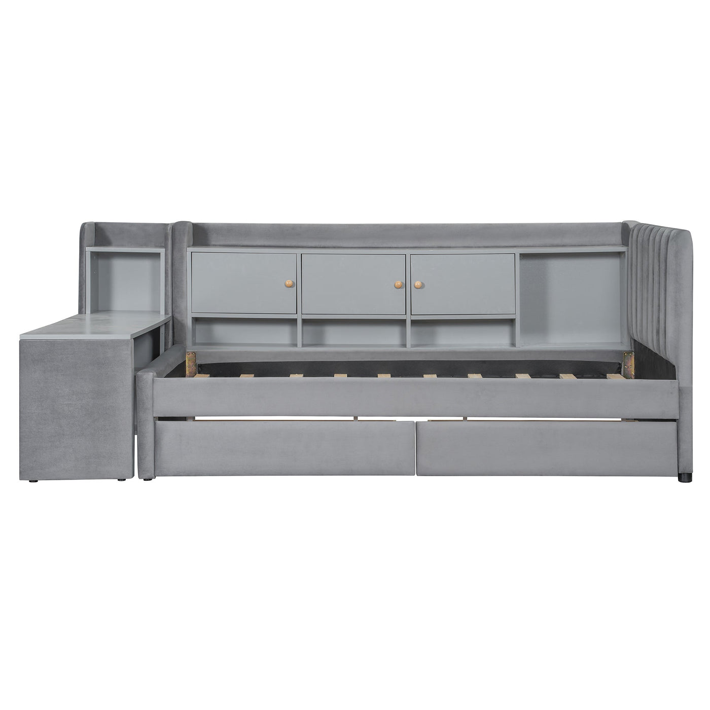Twin Size Upholstered Daybed with Drawers, Shelves, Flip Cabinets & Side Table (Gray)