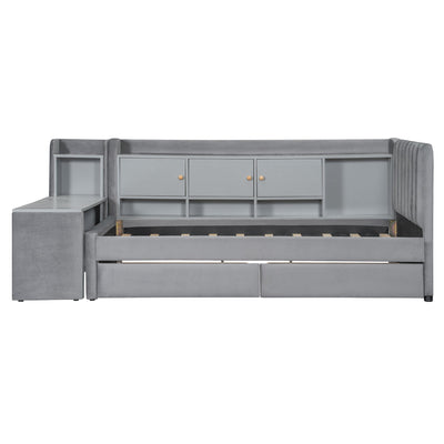 Twin Size Upholstered Daybed with Drawers, Shelves, Flip Cabinets & Side Table (Gray)