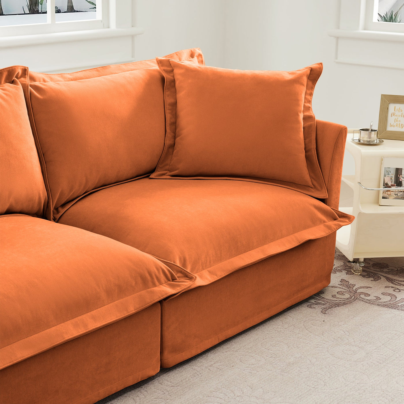 Slipcovered Sectional 2 Seater Sofa Couch with Convertible Ottoman, Wide and Deep Seat L Shaped Sofa with Detachable Cover and Soft Multiple Big Pillows, Chenille Fabric, Orange