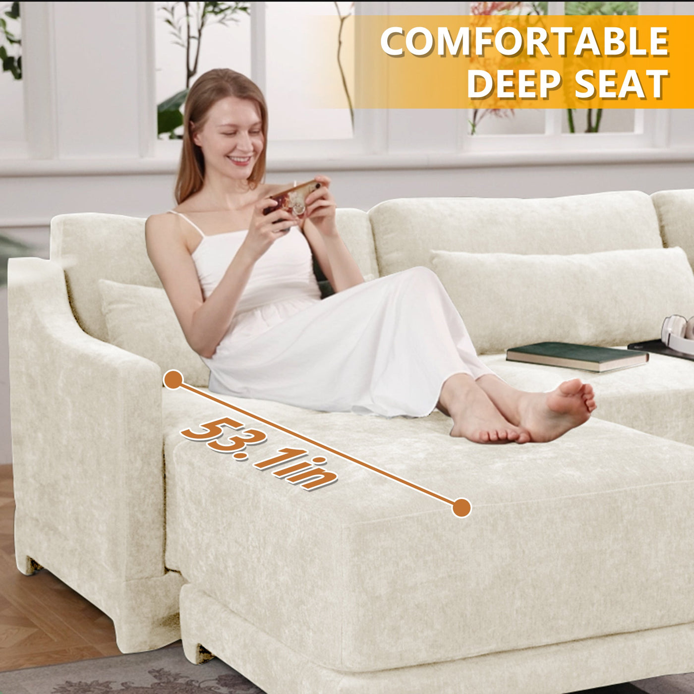 Elegant Chenille Three-Seater Sofa with Movable Ottomans, High-Resilience Sponge, Beige