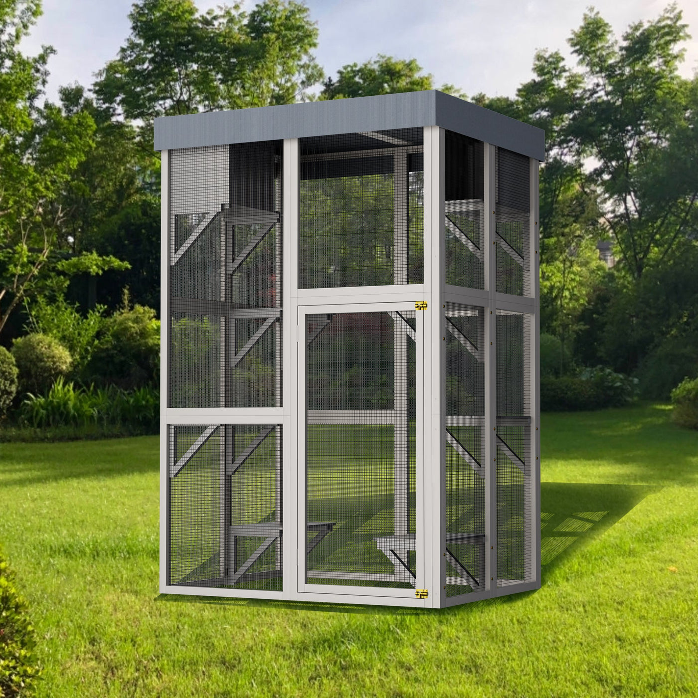 70.5＂ Tall Wooden Catio Outdoor Cat Enclosure, Gray Cat House Large Solid Wood Cage Playpen with 6 Jumping Platforms & 2 Napping Houses, Movable tarp cover