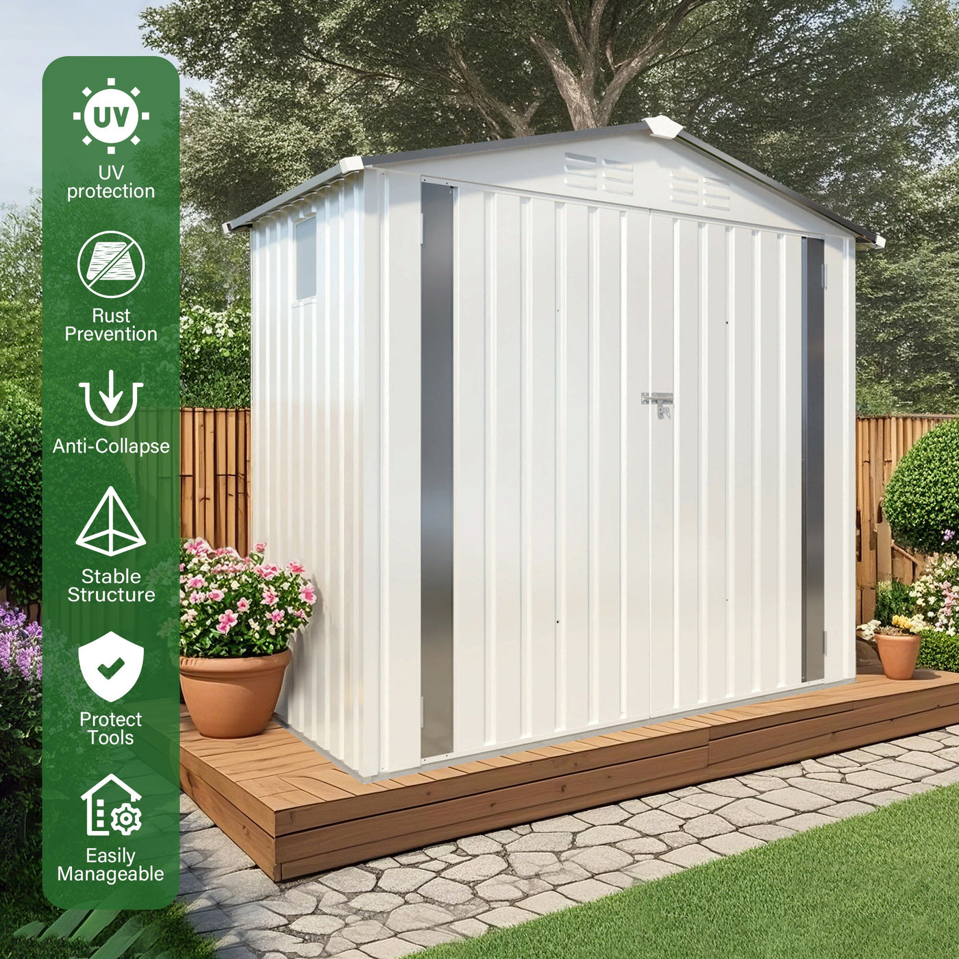 6X3.5FT Metal Storage Shed,Tool Shed with Pitched Roof Watertight with Positive Window and Lockable Door Compact Tool Shed for Garden, Backyard,Patio,Sundries and Bike Storage, White+Gray