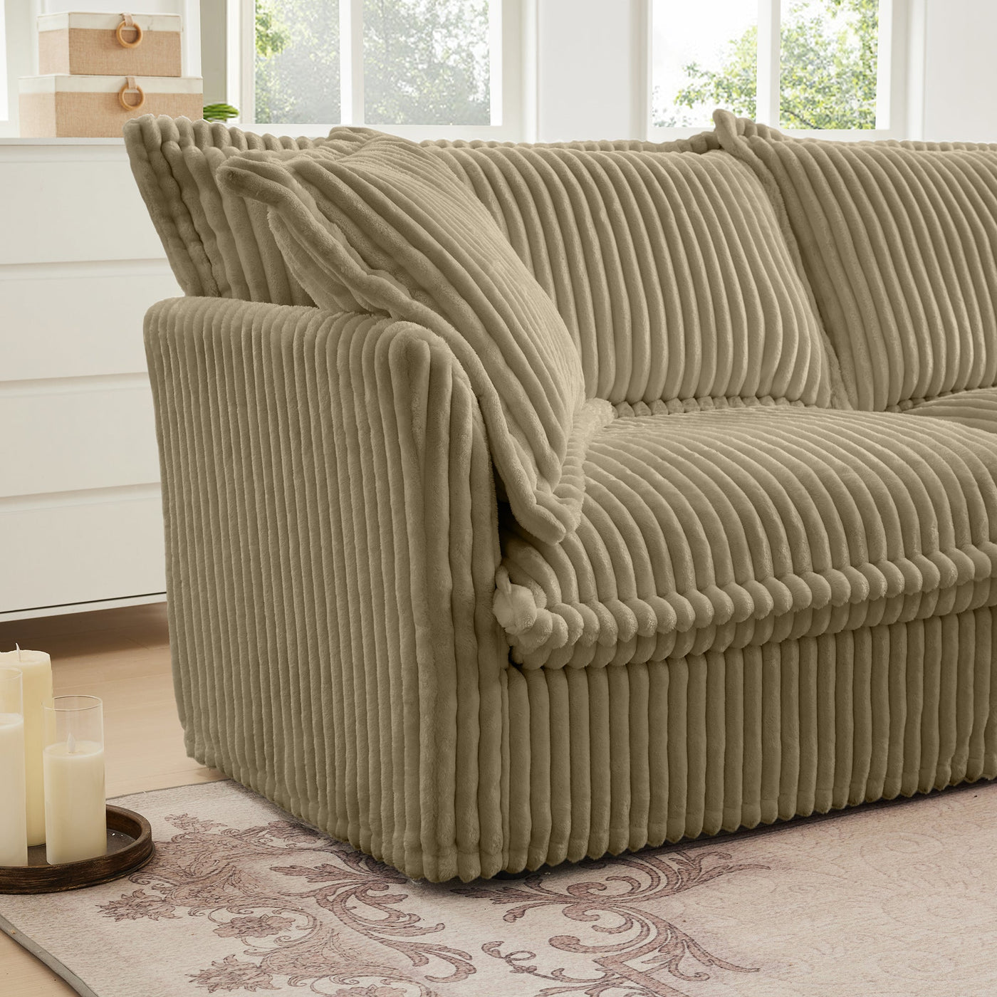 Slip-covered Armchair with 1 Big Back Cushion and 2 Big Toss Pillows, Single Deep Seat Comfy Single Couch Sofa Multiple Large Soft Pillows, Camel Corduroy Fabric