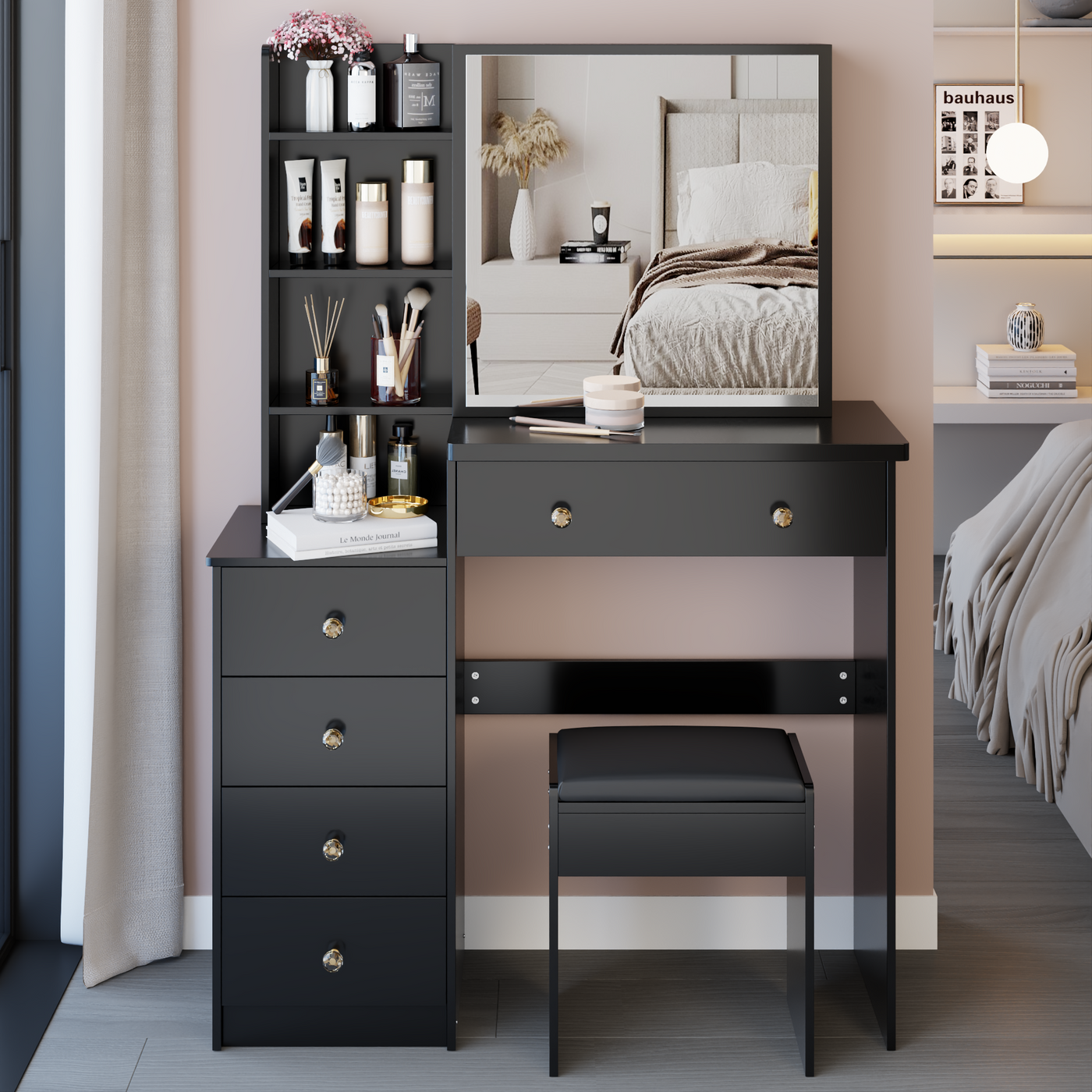 37' Middle Size Left Bedside Cabinet Vanity Table + Cushioned Stool, Extra Large Right sliding mirror, Multi Layer High Capacity Storage, Practical Fashionable Dresser, Suitable For Middle Space