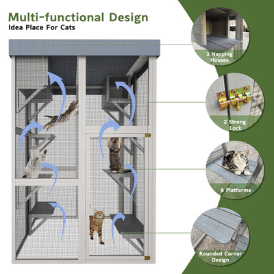 70.5＂ Tall Wooden Catio Outdoor Cat Enclosure, Gray Cat House Large Solid Wood Cage Playpen with 6 Jumping Platforms & 2 Napping Houses, Movable tarp cover