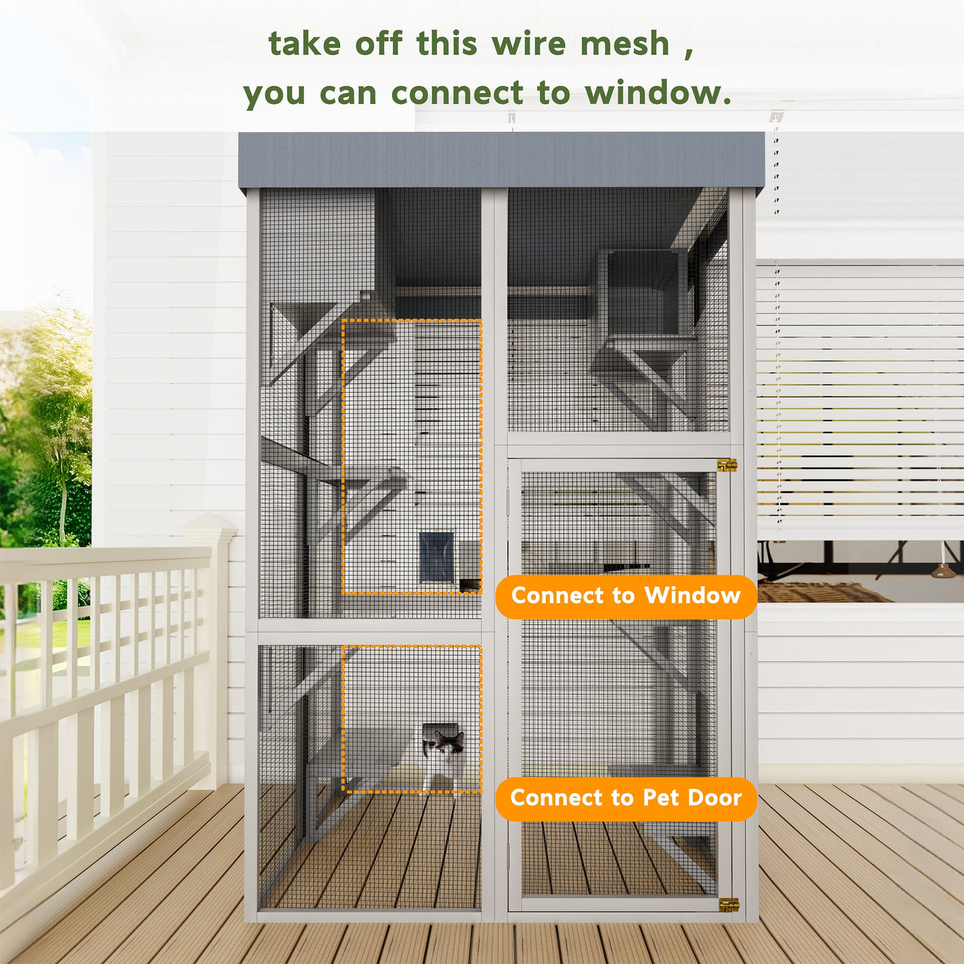 70.5＂ Tall Wooden Catio Outdoor Cat Enclosure, Gray Cat House Large Solid Wood Cage Playpen with 6 Jumping Platforms & 2 Napping Houses, Movable tarp cover