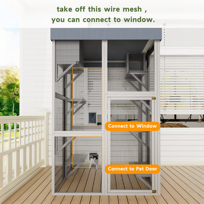 70.5＂ Tall Wooden Catio Outdoor Cat Enclosure, Gray Cat House Large Solid Wood Cage Playpen with 6 Jumping Platforms & 2 Napping Houses, Movable tarp cover