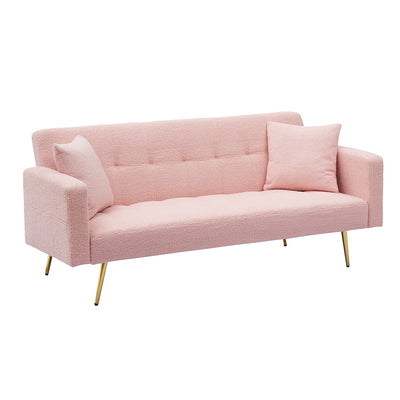 Teddy Fleece Sofa Bed with Throw Pillows and Metal Legs in Pink, 71.7-inch