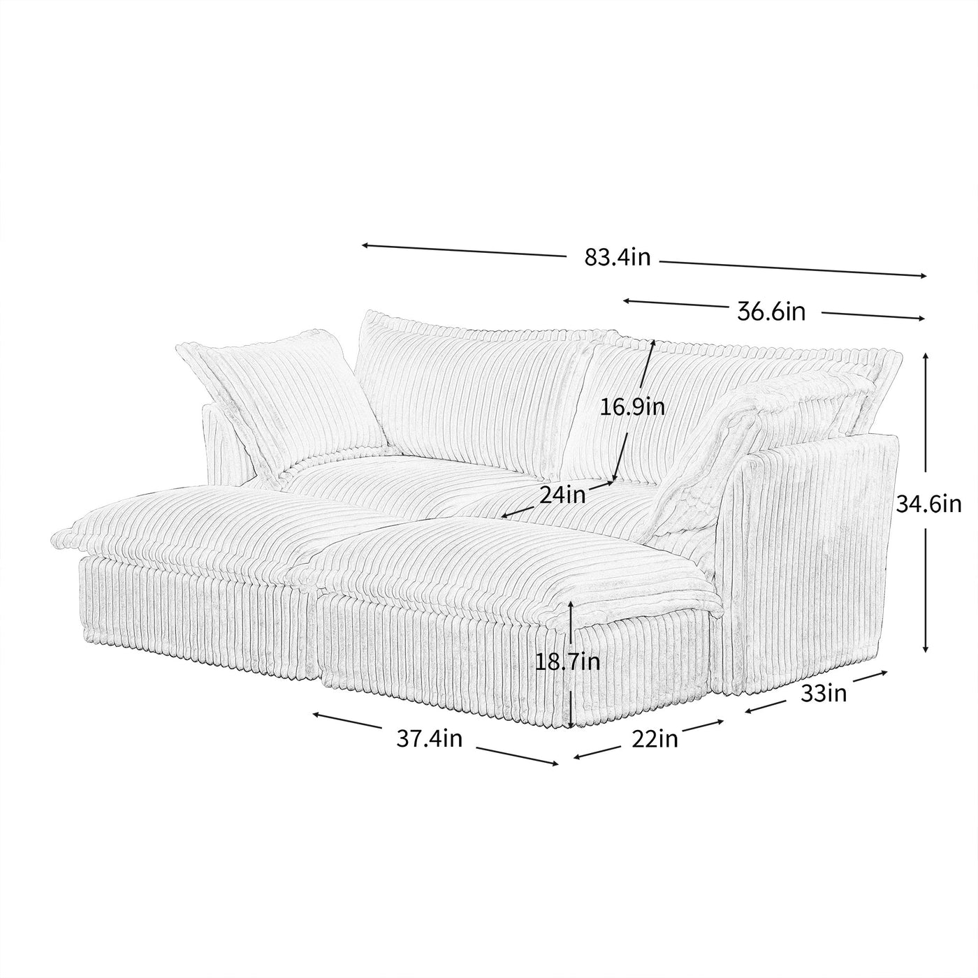 Slipcovered Sofa 2 Seater Sofa    With 2 Ottomans, 2 Seater Sleeper Sofa Bed Home Theater Oversized Sofa For Living Room, Corduroy, Black