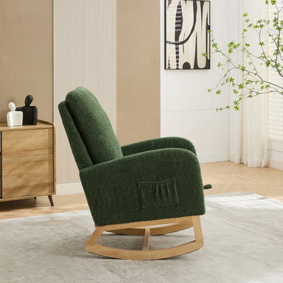 25.4'W Green Boucle High Back Glider Rocking Chair with Retractable Footrest and Rubber Wood Legs for Nursery and Living Room
