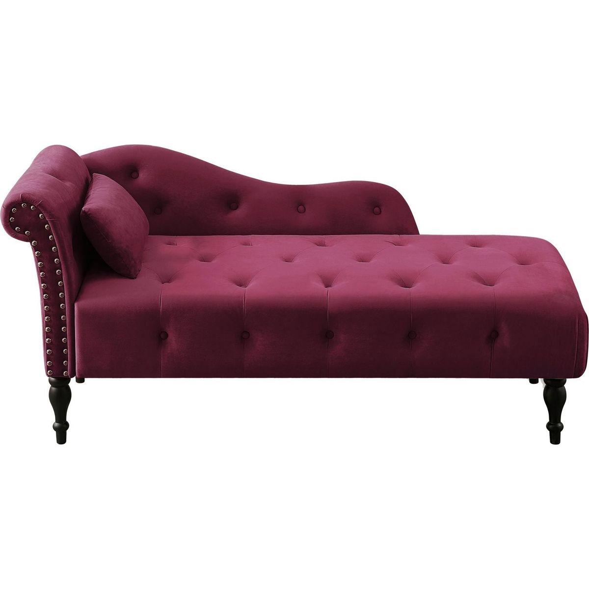 60.6" Velvet Chaise Lounge Buttons Tufted Nailhead Trimmed Solid Wood Legs with 1 Pillow,Burgundy (Left Arm Design as Shown in the Picture)