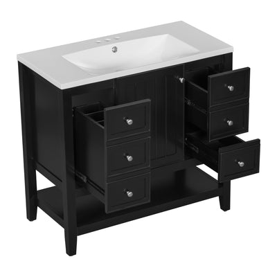 36' Bathroom Vanity with Sink Combo, One Cabinet and Three Drawers, Solid Wood and MDF Board, Black (Old Sku:SY999505AAB)