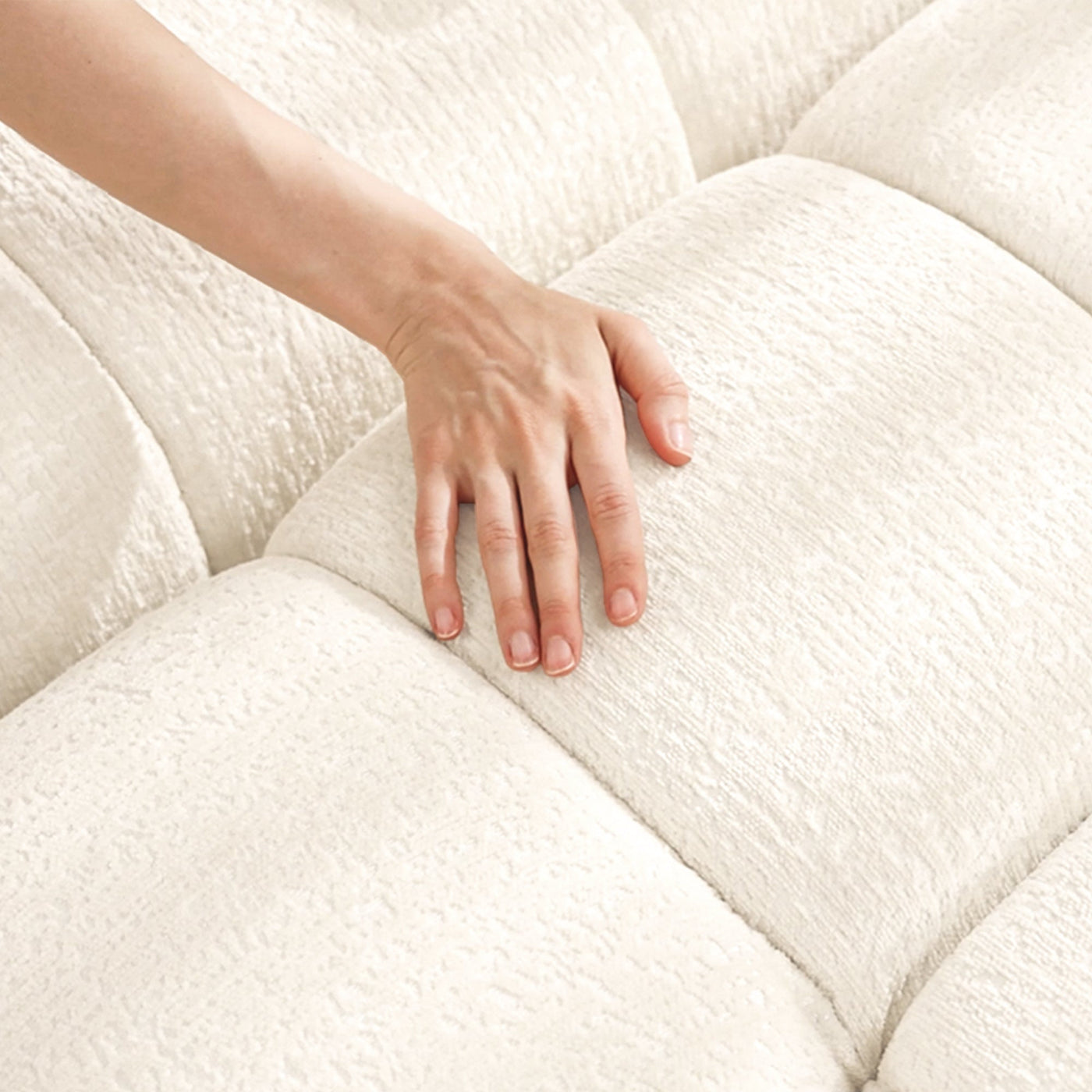 Elegant Textured Chenille 3 Seater Sofa Set with Ottoman and Throw Pillows in Sturdy Solid Wood Frame, White