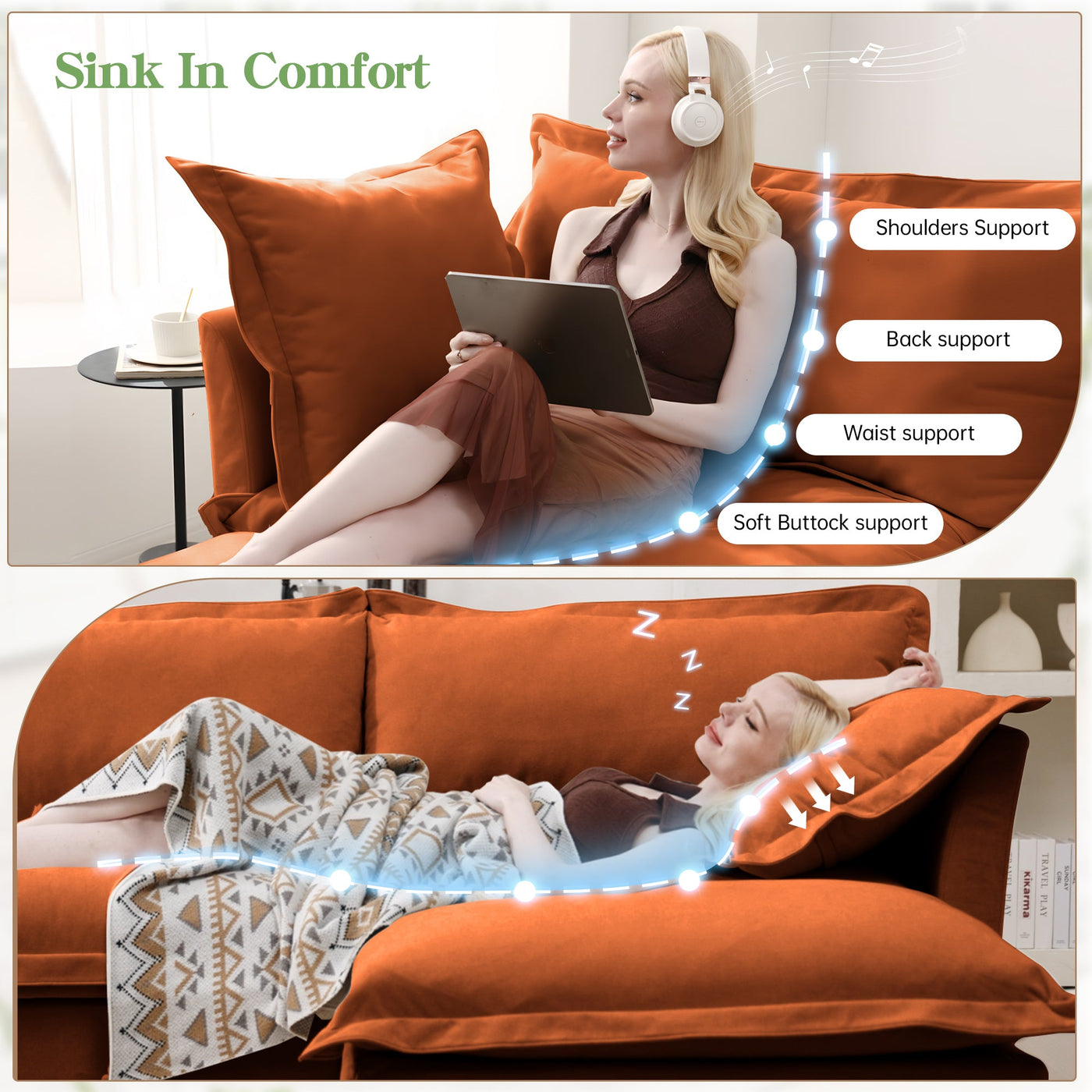 Slipcovered Sectional 2 Seater Sofa Couch with Convertible Ottoman, Wide and Deep Seat L Shaped Sofa with Detachable Cover and Soft Multiple Big Pillows, Chenille Fabric, Orange