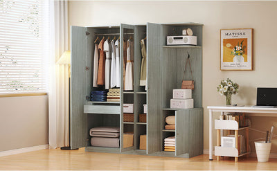 4-Door Wardrobe with Shelves, Drawers, and Full-Length Mirror, Gray