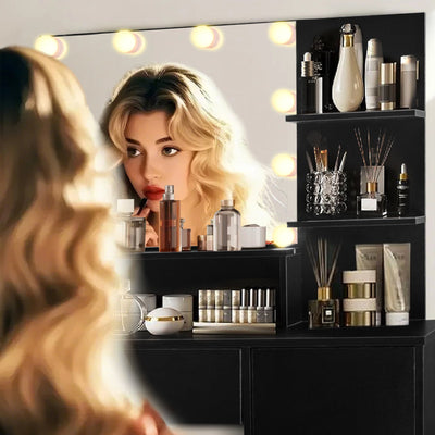 Vanity Desk with Mirror and Lights, Makeup Vanity with Drawer & Storage Cabinet, 3 Adjustable Lighting Colors, Makeup Desk with Open Shelves for Bedroom, Dressing Room, Black