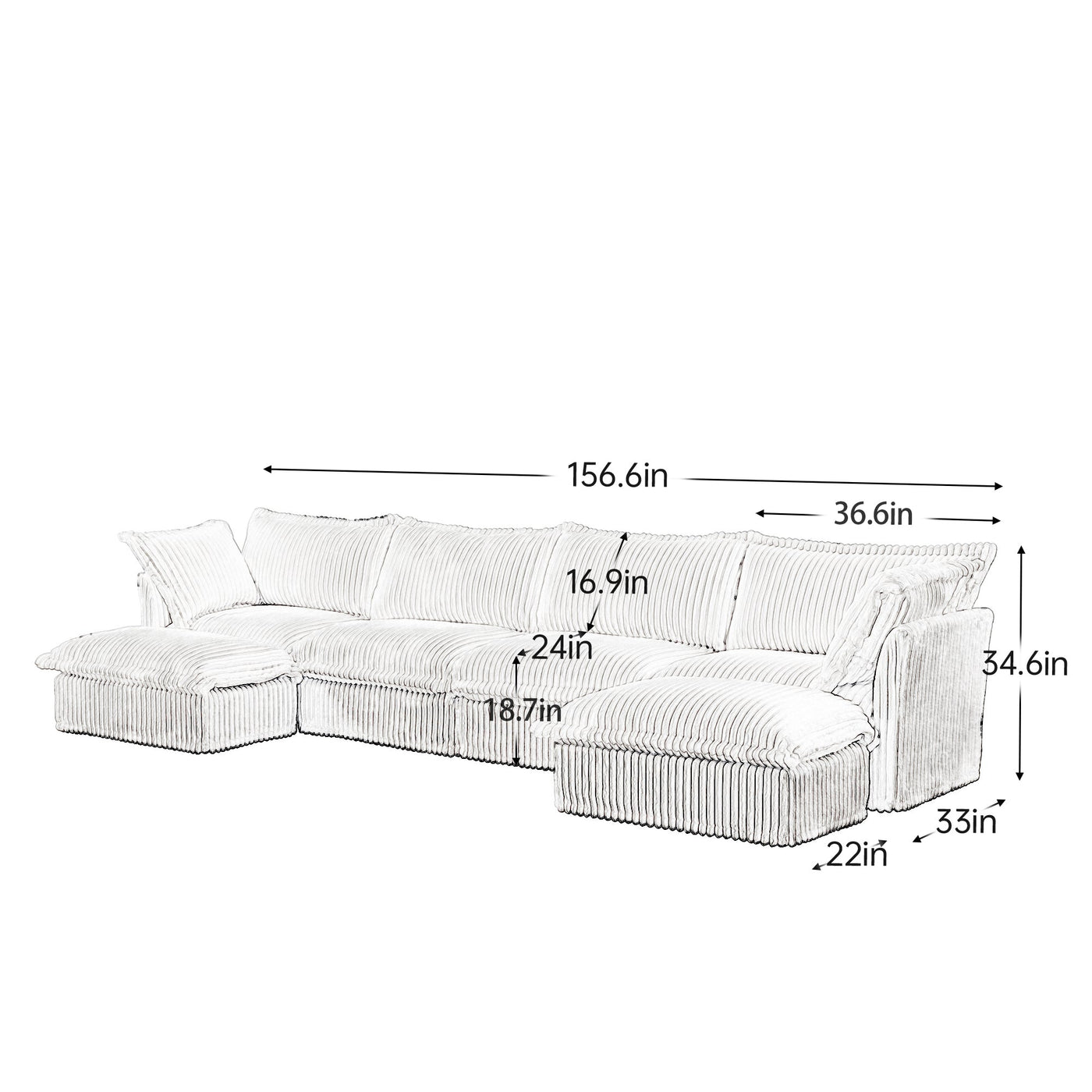 Slipcovered U Shape Sectional Wide and Deep Seat Sofa Couch, 4 Seater Sofa with French Edges Design Multiple Big Pillows, Soft Deep Seat Comfy Cloud Couch for Living Room, Apartment, Green Corduroy