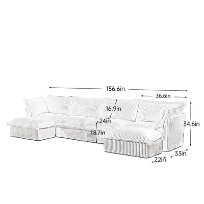 Slipcovered U Shape Sectional Wide and Deep Seat Sofa Couch, 4 Seater Sofa with French Edges Design Multiple Big Pillows, Soft Deep Seat Comfy Cloud Couch for Living Room, Apartment, Green Corduroy