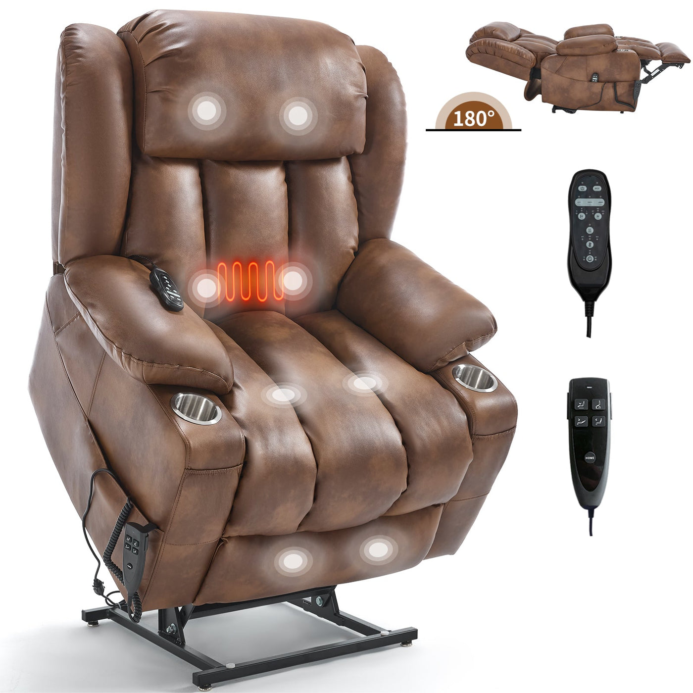 Dual Motor Infinite Position Up to 350 LBS Leatherair Power Lift Recliner Chair, Heavy Duty Motion Mechanism with 8-Point Vibration Massage and Lumbar Heating, Stainless steel Cup Holders, Brown